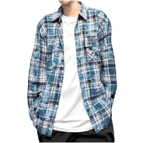 miqiqism Men Long Sleeve Plaid Tshirts Open Front Button Shirts Mens Plus Size Cozy Tee Blouse Lapel Neck Lightweight Jackets Outfits Male Spring Clothing,#02_Blue,Medium