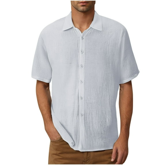 miqiqism Men Solid Cotton Shirt Tops Short Sleeve Blouse Outfits Casual Button Down Outfits Trendy Fashion Lapel Neck Clothing Plus Size Summer Tee,01_White,4X-Large