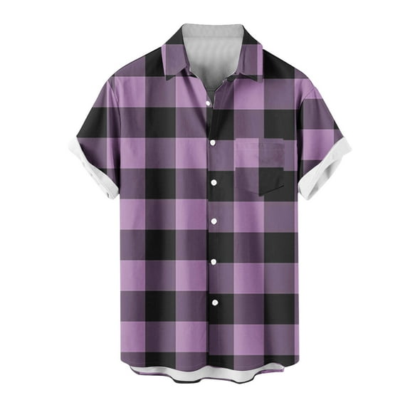 miqiqism Men's Buffalo Plaid Tshirts Lapel Neck Tee Blouses Casual Loose Short Sleeve Top Blouse Trendy Summer Outfits Man Grid Plus Size Clothings,01_Purple,X-Large