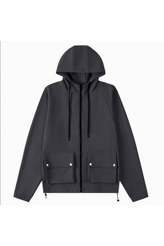 Men's Casual Canvas Cotton Jacket Hooded Trendy Solid Color Military Utility Jacket Fashion Drawstring Crop Jacket Comfy Long Sleeves Coat with Pockets,Black,Medium