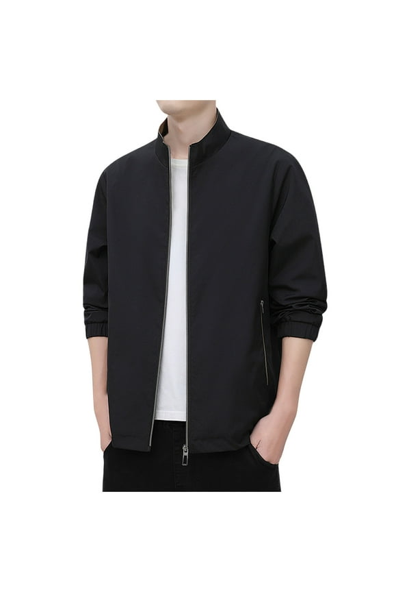 Men's Full Zip Jacket Lightweight Stand Collar Jackets Soft Warm Windproof Casual Coats with Zipper Pockets Trendy Solid Color Long Sleeves Clothes,Black,Medium