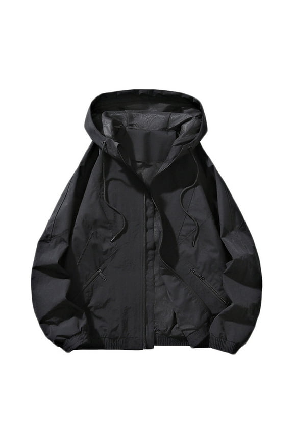 Men's Hooded Waterproof Tactical Jacket Trendy Lightweight Rain Jacket Outdoor Casual Sportswear Drawstring Solid Color Coats with Zipped Pockets,Black,3X-Large