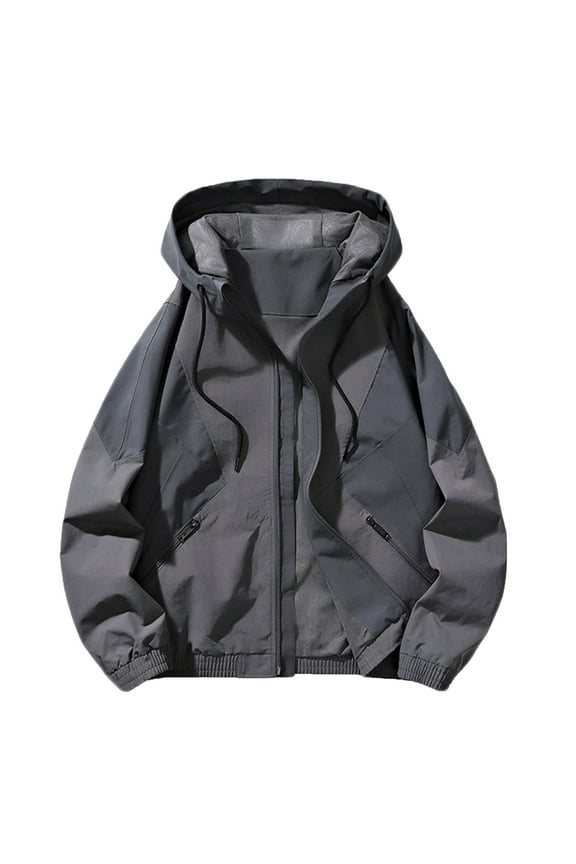 Men's Hooded Waterproof Tactical Jacket Trendy Lightweight Rain Jacket Outdoor Casual Sportswear Drawstring Solid Color Coats with Zipped Pockets,Gray,3X-Large