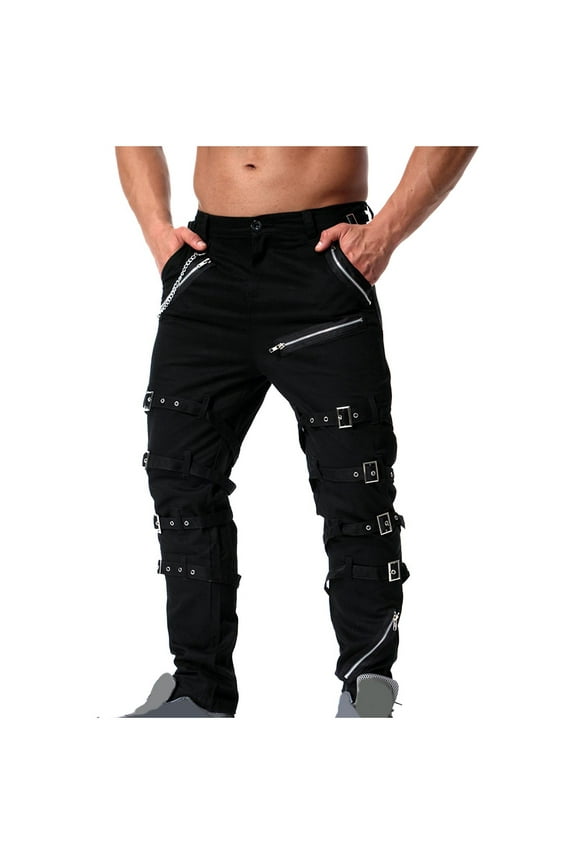 Men`s Jean Pants Steampunk Gothic Pant Hip Hop Punk Rock Pants with Chain Men Trendy Solid Color Straight Cargo Pants with Pockets,B#01_Black,XX-Large