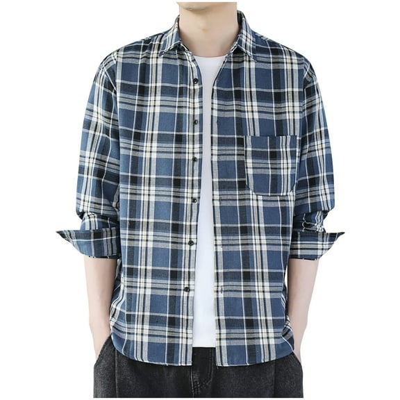 miqiqism Men's Long-Sleeve Shirt Plaid T-Shirts Loose Lapel Neck Shirts Plus Size Spring Button Outfit,#01_Blue,Large