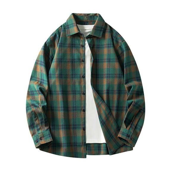 miqiqism Men's Long-Sleeve Shirt Plaid T-Shirts Loose Lapel Neck Shirts Plus Size Spring Button Outfit,#01_Green,XX-Large