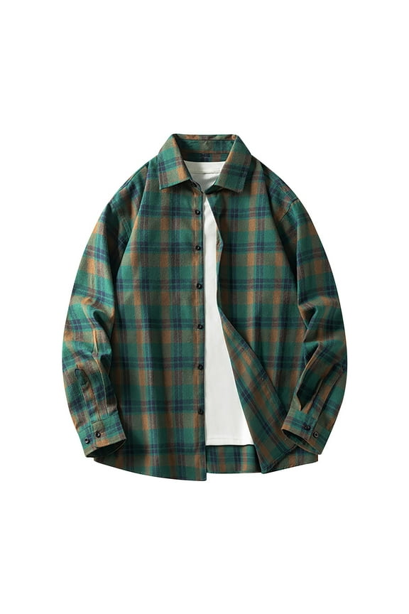 Men's Long-Sleeve Shirt Plaid T-Shirts Loose Lapel Neck Shirts Plus Size Spring Button Outfit,#01_Green,XX-Large