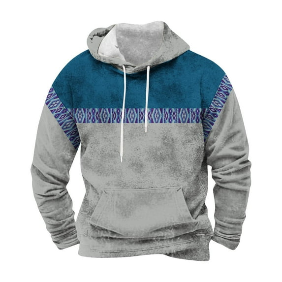 miqiqism Men's Novelty Color Block Hooded Trendy Pullover Fleece Hoodie Long Sleeve Casual Sweatshirt with Pocket Vintage Drawstring Blouses Tops,Blue,Large