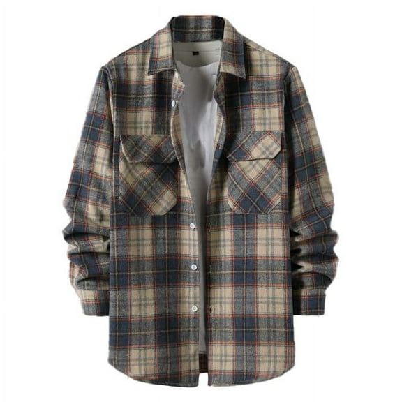 miqiqism Men's Plaid Printed Shirt Loose Button Lapel Tops with Pocket Men Long Sleeve Shirt Fashion Casual Cotton Tees for Youth Trendy Lapel Neck Blouses,Khaki,XX-Large
