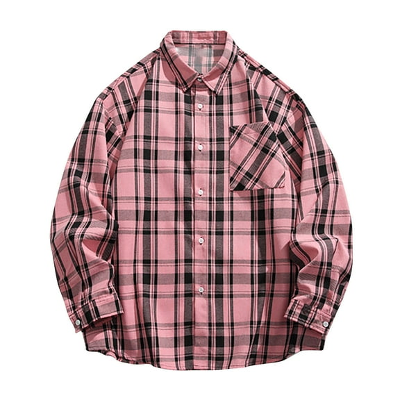 miqiqism Men's Plaid Shirts Lapel Neck Button Down Tshirts Casual Long Sleeve Tees Open Front Tops with Pockets,#01_Pink,X-Large