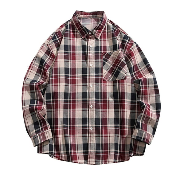 miqiqism Men's Plaid Shirts Lapel Neck Button Down Tshirts Casual Long Sleeve Tees Open Front Tops with Pockets,#01_Wine,Medium