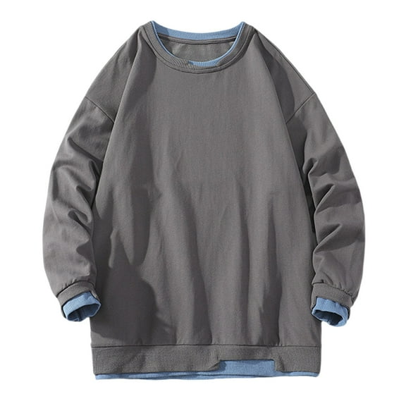 miqiqism Men's Quilted Sweatshirt Casual Long Sleeve Outdoor Pullover Sweatshirts Trendy Round Neck Hoodless Sweatshirt Men Solid Color Blouses,Dark Blue,Large