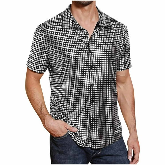 miqiqism Men's Short Sleeve Shirt Glitter Button Tshirts Loose Trendy Blouses Top Lightweight Tee Outfits,01_Silver,Small