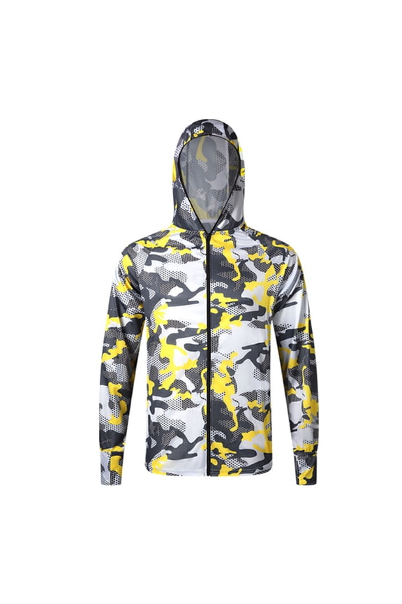Men's Sun Protection Hoodie Shirt Trendy Long Sleeve Fishing Jacket Lightweight Shirts Open Front Full Zipped Hooded Shirts Breathable Clothing,Yellow,XX-Large
