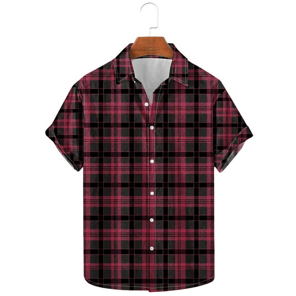 miqiqism Mens Button Down Shirts Lapel Neck Tshirts Men Plaid Blouses Casual Plus Size Loose Outfits Trendy Fashion Summer Clothing,05_Wine,4X-Large