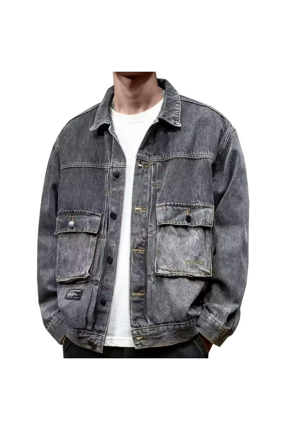 Mens Denim Jacket,Long Sleeve Button Down Jackets for Men Distressed Jean Jackets Trucker Jacket Fall Casual Coat Basic Open Front Blouses Jean Jacket,Gray,X-Large
