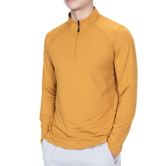 miqiqism Mens Fashion Shirts Classic Long Sleeve Thermal Zipped Shirt Trendy Solid Color Slim Fit Quarter Zipper Pullover Blouses,Yellow,Medium