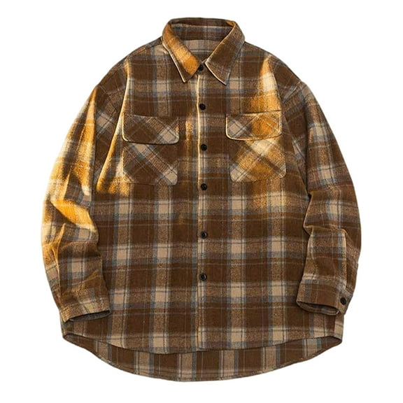 miqiqism Mens Flannel Shirts Comfy Long Sleeve Plaid Shirt Jacket Trendy Button Down Blouses with Pockets Casual Lapel Neck Clothes with Pocket,Orange,3X-Large