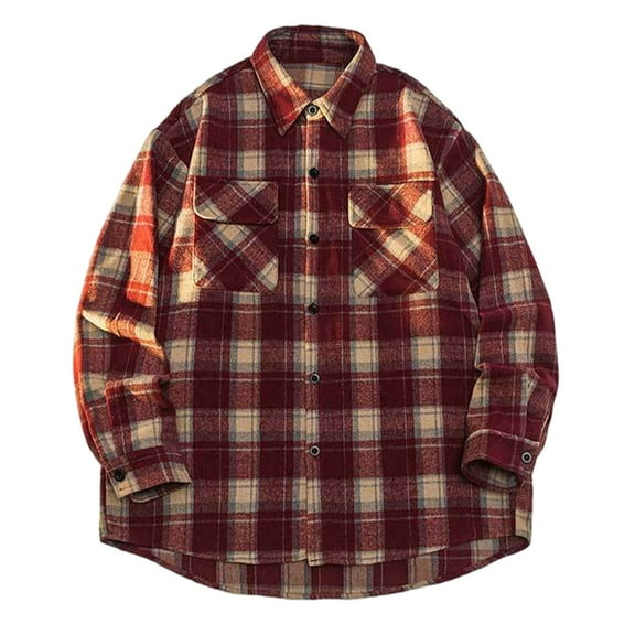 miqiqism Mens Flannel Shirts Comfy Long Sleeve Plaid Shirt Jacket Trendy Button Down Blouses with Pockets Casual Lapel Neck Clothes with Pocket,Red,XX-Large