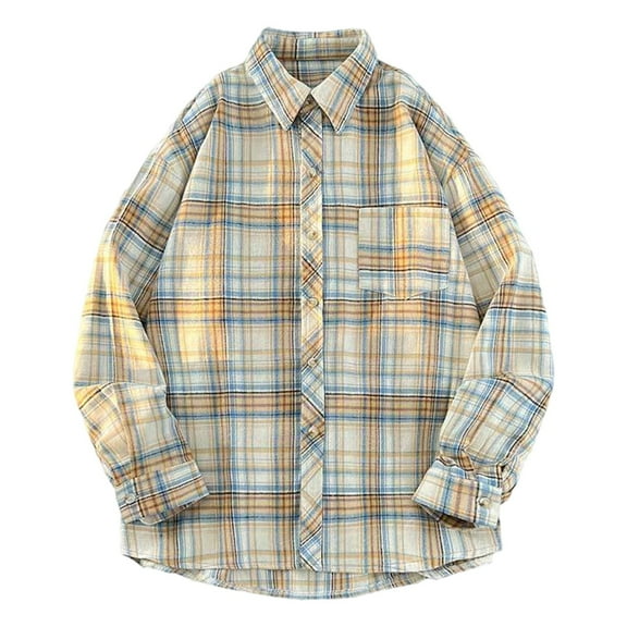 miqiqism Mens Flannel Shirts Comfy Long Sleeve Plaid Shirt Jacket Trendy Button Down Blouses with Pockets Casual Lapel Neck Clothes with Pocket,Yellow,Large