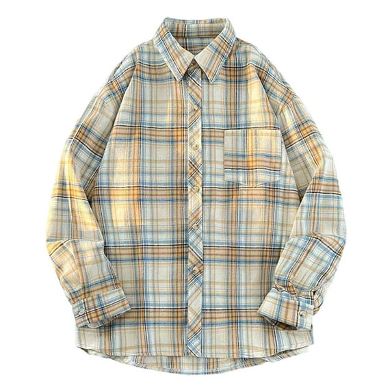 miqiqism Mens Flannel Shirts Comfy Long Sleeve Plaid Shirt Jacket Trendy Button Down Blouses with Pockets Casual Lapel Neck Clothes with Pocket,Yellow,X-Large