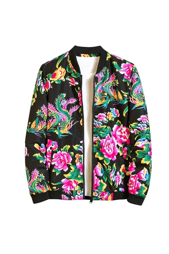 Mens Retro Windbreaker Jacket Bomber Plus Size Jackets Casual Open Front Full Zip Coats Classic Floral Print Winter Stand Collar Trench Coat for Men,Black,Large