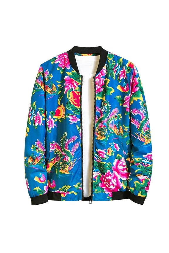 Mens Retro Windbreaker Jacket Bomber Plus Size Jackets Casual Open Front Full Zip Coats Classic Floral Print Winter Stand Collar Trench Coat for Men,Blue,Large