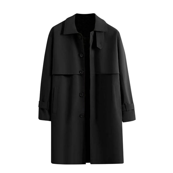 miqiqism Mens Trench Coat Notched Lapel Single Breasted Long Peacoat Trendy Open Front Overcoat Fashion Solid Color Pea Coat with Pockets,Black,X-Large