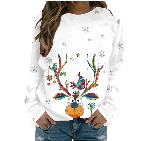 miqiqism Merry Christmas Shirt for Women Comfy Crewneck Funny Reindeer Graphic Sweatshirt Juniors Casual Holiday Long Sleeve Tops Slim Fit Tunic Blouses,W#01_White,X-Large