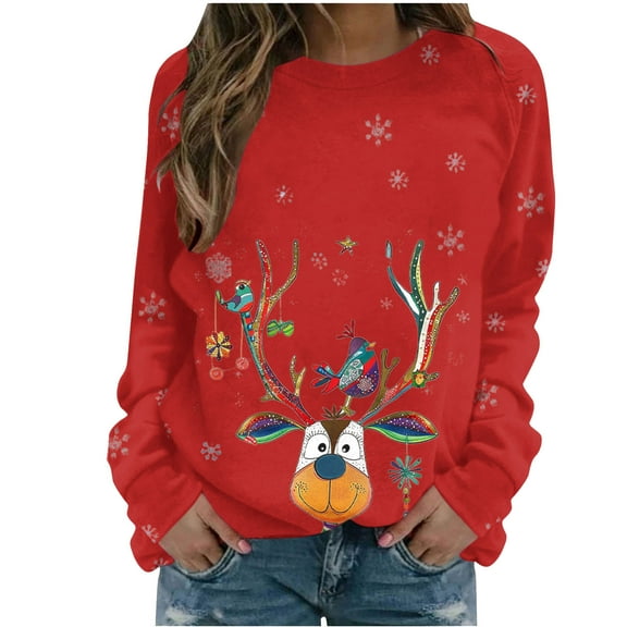 miqiqism Merry Christmas Shirt for Women Comfy Crewneck Funny Reindeer Graphic Sweatshirt Juniors Casual Holiday Long Sleeve Tops Slim Fit Tunic Blouses,R#01_Red,Small