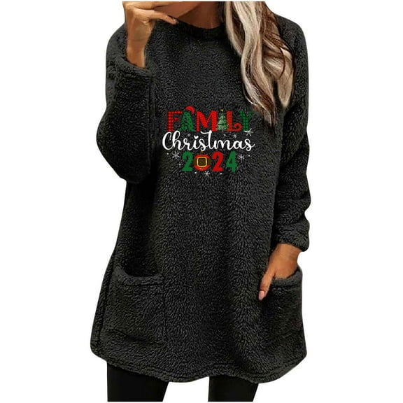 miqiqism Merry Christmas Sweatshirts for Women Funny Graphic Fuzzy Fleece Blouses Juniors Comfy Crew Neck Sweatshirt Warm Winter Long Sleeve Tops with Pocket,Black,Large