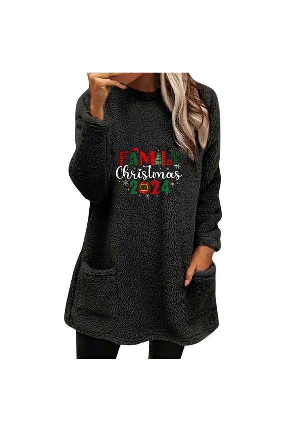 Merry Christmas Sweatshirts for Women Funny Graphic Fuzzy Fleece Blouses Juniors Comfy Crew Neck Sweatshirt Warm Winter Long Sleeve Tops with Pocket,Black,Small