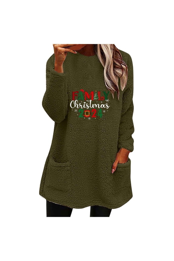 Merry Christmas Sweatshirts for Women Funny Graphic Fuzzy Fleece Blouses Juniors Comfy Crew Neck Sweatshirt Warm Winter Long Sleeve Tops with Pocket,Army Green,3X-Large