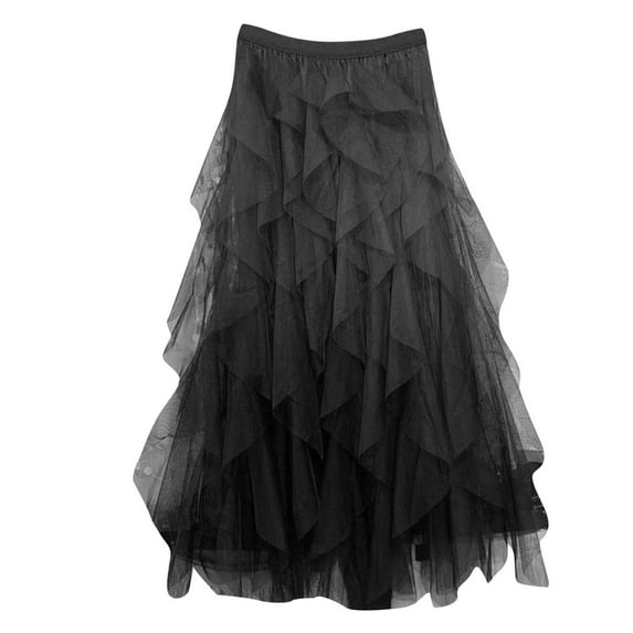 miqiqism Mesh Tulle Skirts for Women Flowy Elastic High Waisted Maxi Skirts Juniors Solid Color Pleated Swing Long Skirts A-Line Tulle Midi Skirt,Black,