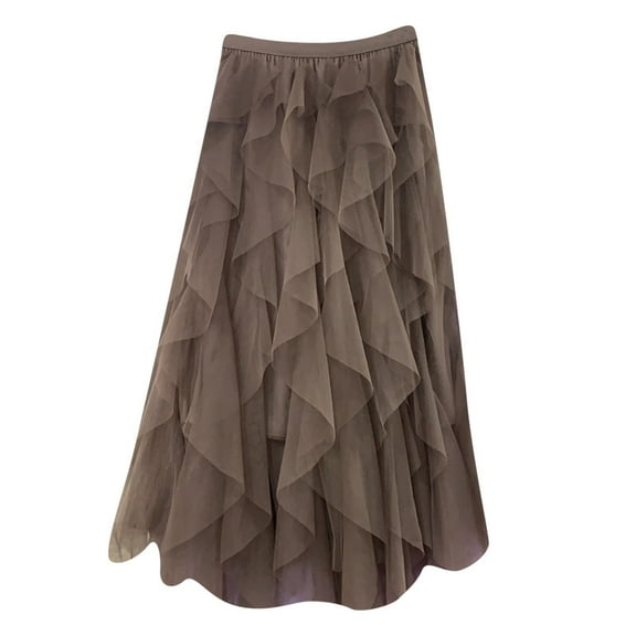 miqiqism Mesh Tulle Skirts for Women Flowy Elastic High Waisted Maxi Skirts Juniors Solid Color Pleated Swing Long Skirts A-Line Tulle Midi Skirt,Coffee,