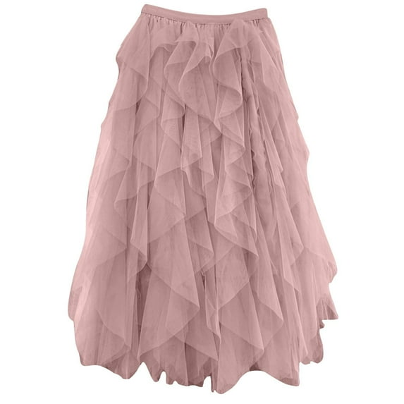 miqiqism Mesh Tulle Skirts for Women Flowy Elastic High Waisted Maxi Skirts Juniors Solid Color Pleated Swing Long Skirts A-Line Tulle Midi Skirt,Pink,