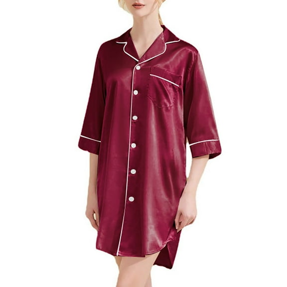 miqiqism Nightgowns for Women Half Sleeve Nightshirt Button Down Sleepshirt Nightdress Boyfriend Sleepwear Open Front Button Down Shirts Lapel Neck Nightgown,Wine,XX-Large