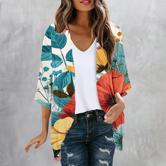 miqiqism Open Front Cardigan Sweater for Womens Retro Print Ruffle Kimono Trendy Long Sleeve Blouse Tops Coat Juniors Duster Lightweight Casual Jackets,Orange,XX-Large