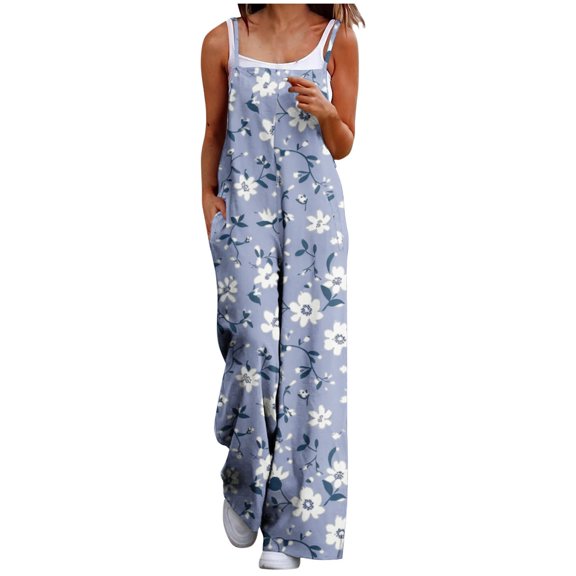 miqiqism Overalls for Women Summer Boho Floral Pants Loose Wide Leg Jumpsuits with Pockets Patchwork Bib Overalls Casual Lightweight Sweatpants,Sky Blue,Small