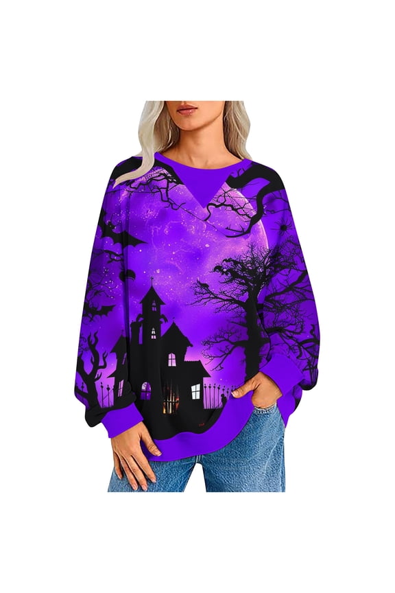 Oversize Sweatshirts for Women Casual Drop Shoulder Tunic Hoodless Shirts Juniors Trendy Long Sleeves Pullover Sweatshirt Fashion Crew Neck Tee Clothes,Purple,Small