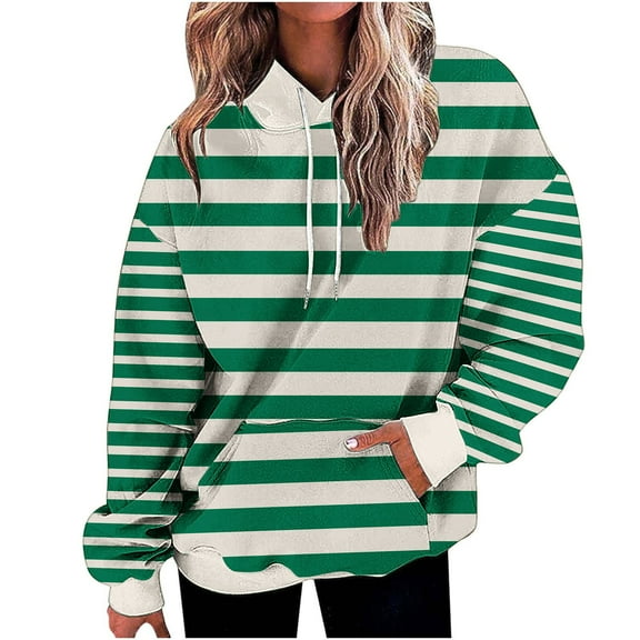 miqiqism Oversized Striped Sweatshirt for Women Color Block Hoodies Juniors Casual Pullover Tunic Top Long Sleeve Y2K Clothes with Pockets,Green,Large