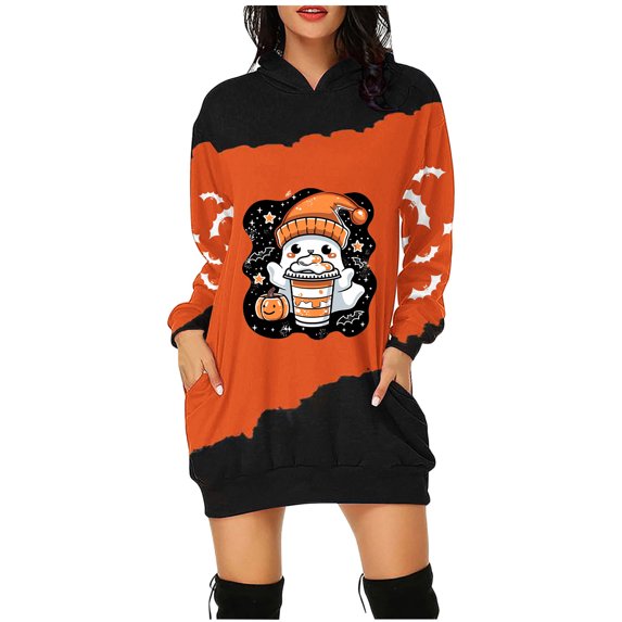 miqiqism Oversized Sweater Dress for Women Vintage Printed Loose Dress Sweatshirts Juniors Fashion Colorblock Hooded Dresses with Pockets,Orange,Medium