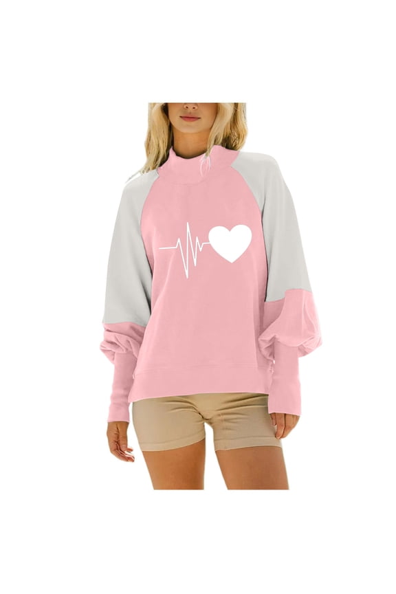 Oversized Sweatshirt for Women Trendy Round Neck Long Sleeve Pullover Sweatshirts Juniors Casual Loose Jumper Blouse 2024 Fall Heart Print Tops,Pink,Medium