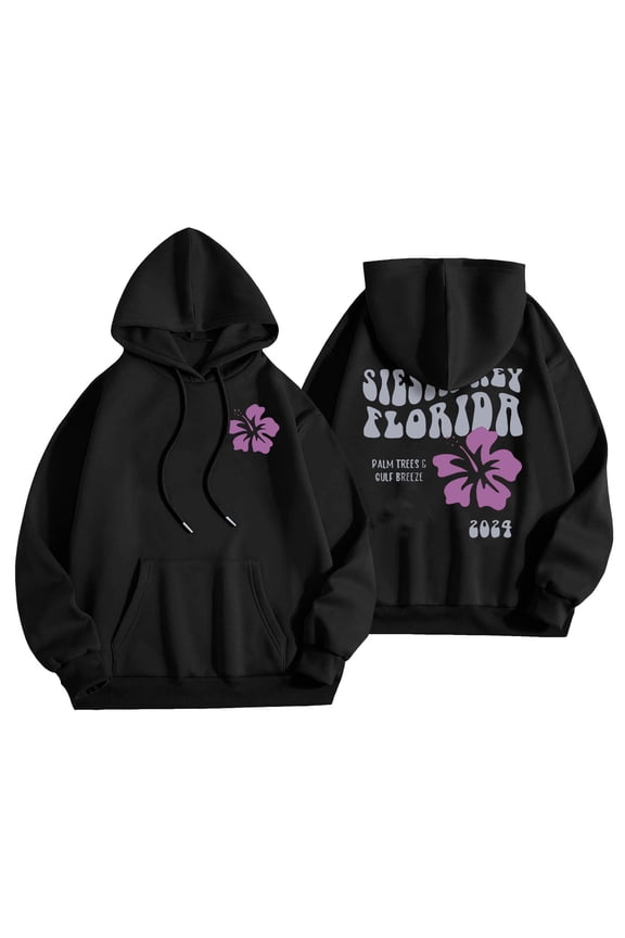 Pink Floral Puff Hoodie for Women 2024 Pink Graphic Hooded Juniors Cute Preppy Sweatshirt Comfy Long Sleeve Drawstring Pullover Tops with Pockets,Black,XX-Large