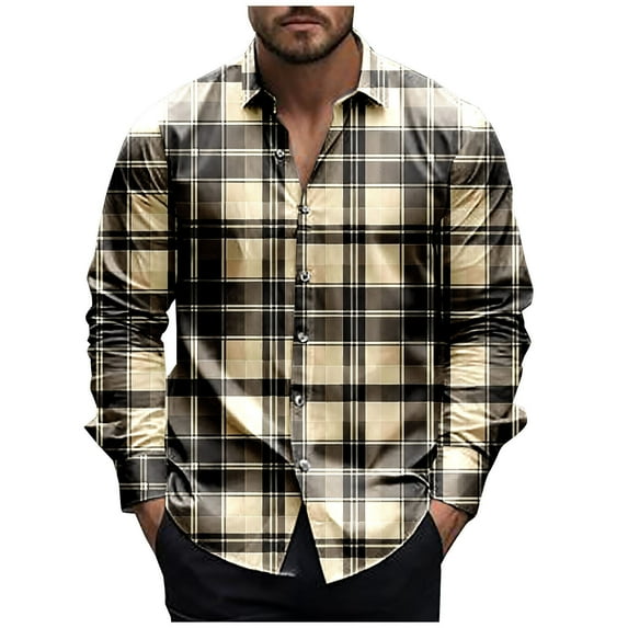 miqiqism Plaid Shirts Men Long Sleeve Shirt Lapel Neck Button Tshirts Loose Fit Lightweight Business Jackets Tees 2025 Spring Outfit,#01_Khaki,X-Large