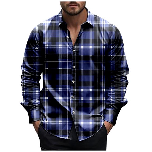 miqiqism Plaid Shirts Men Long Sleeve Shirt Lapel Neck Button Tshirts Loose Fit Lightweight Business Jackets Tees 2025 Spring Outfit,#01_Navy,Small