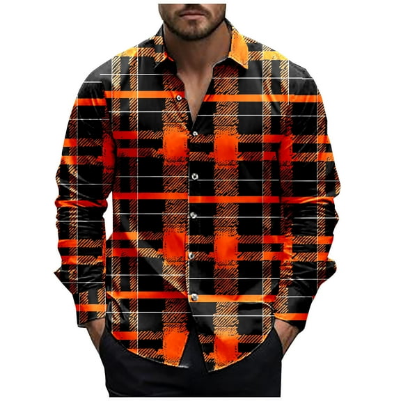 miqiqism Plaid Shirts Men Long Sleeve Shirt Lapel Neck Button Tshirts Loose Fit Lightweight Business Jackets Tees 2025 Spring Outfit,#05_Orange,Small