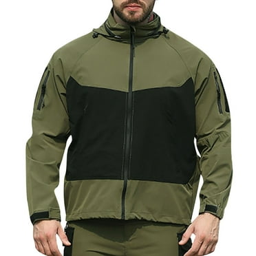 miqiqism Rain Jacket for Men, Mens Waterproof Raincoat Lightweight Rain Jackets Outdoor Raincoat Windbreaker with Hood Trendy Color Block Tactical Jacket,Green,3X-Large