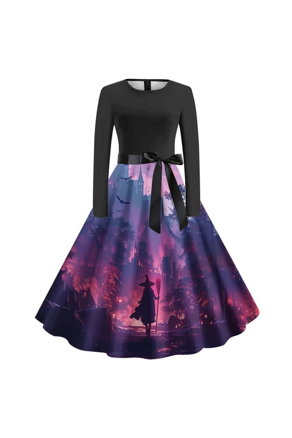 Retro A Line Dresses for Women Vintage Flowy Hem Costumes Woman 2024 Vintage Long Sleeve Crewneck Party Flare Belt Dress,Dark Purple,Small