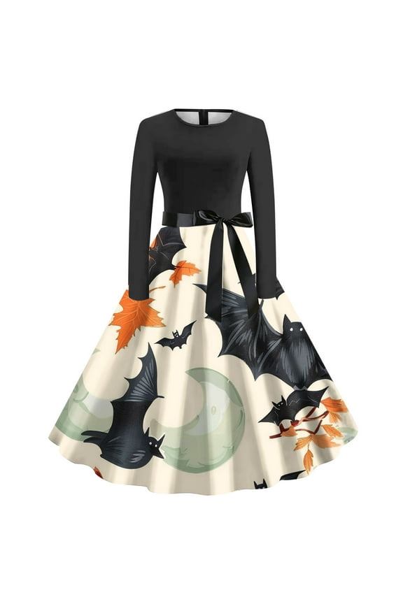 Retro A Line Dresses for Women Vintage Flowy Hem Costumes Woman 2024 Vintage Long Sleeve Crewneck Party Flare Belt Dress,White,Large